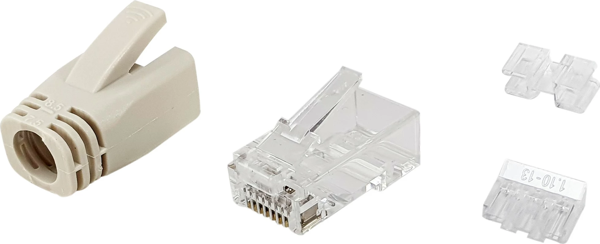 Set plugov RJ45 Cat6a, 100 kosov, prozoren, bel — Equip