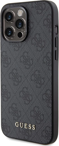 Ovitek za telefon z zlatim metalnim logotipom 4G Guess za iPhone 15 Pro Max, siv