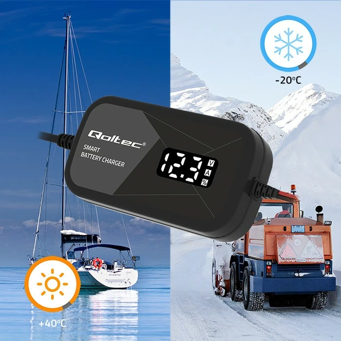 Pametni mikroprocesorski polnilec Qoltec 52492, 12V, 2A, regeneracija celic, LCD, črn