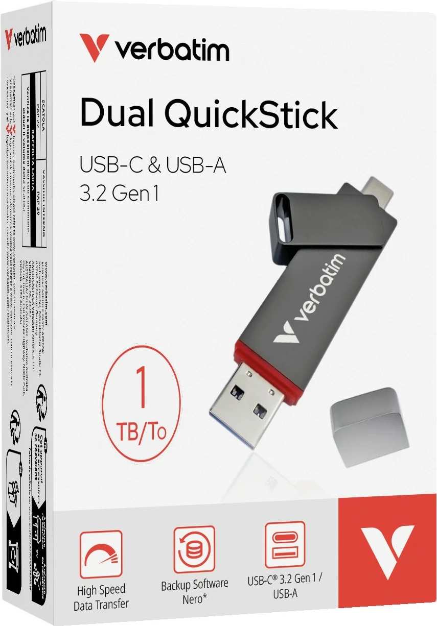 Hitri USB-pogon z dvema vtičnicama Verbatim Dual QuickStick, 1 TB, USB Type-A / USB Type-C, siv