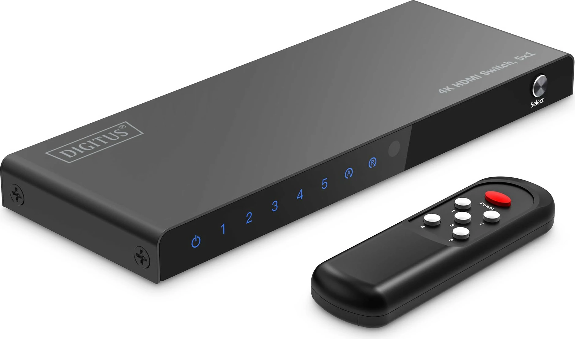 HDMI stikalo Digitus 4K, 5 v 1, HDMI, Micro‑USB, kovinsko, črno