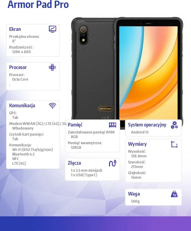 Robusten tablični računalnik Ulefone Armor Pad Pro, 8", 8 GB/128 GB, 4G, črn