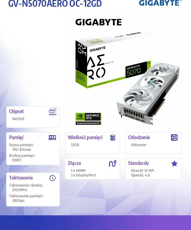 Grafična kartica Gigabyte GeForce RTX 5070 AERO OC, 12GB GDDR7, 192-bit, bela