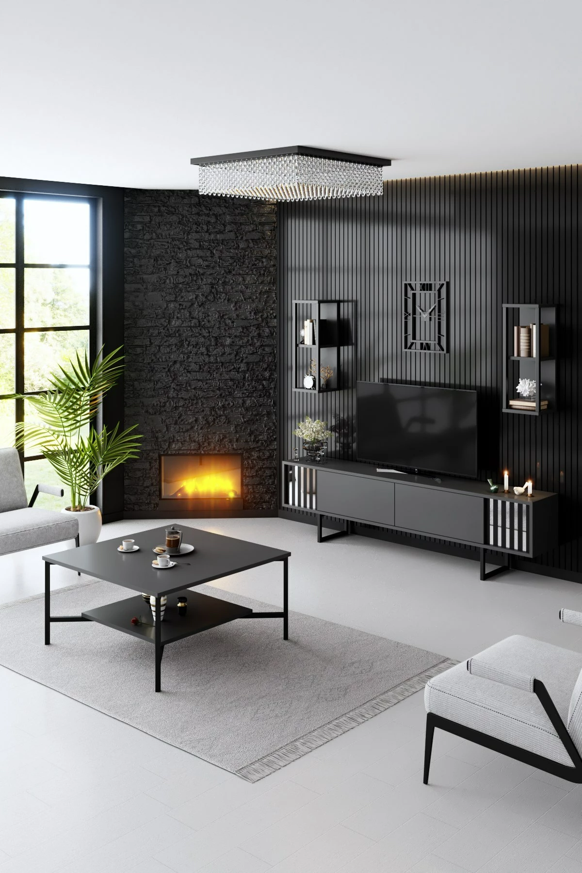 Pohištveni set za dnevno sobo, Chrome Line - Hanah Home, antracit, črn