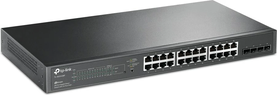Pametni PoE stikalnik TP-Link JetStream, 28 vrat, 10/100/1000 Mb/s, črn
