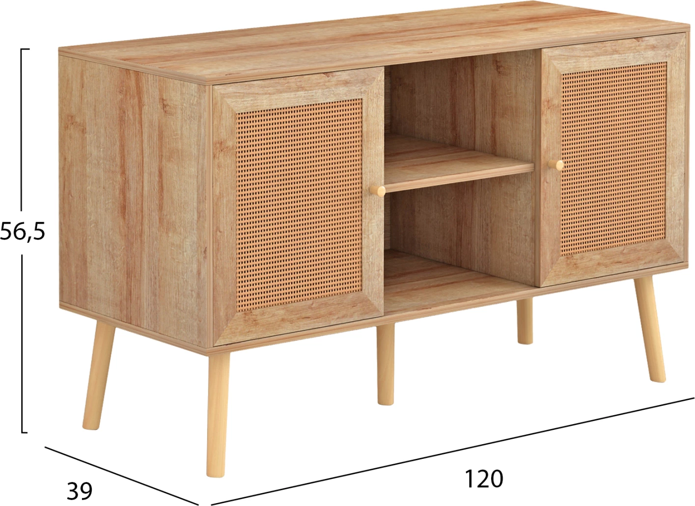 TV stojalo iz melamina z ratanovimi vrati COLM FH9223.11 naravna barva 120x39x56,5Hcm