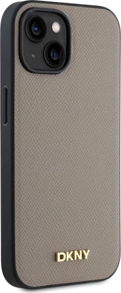 Ovitek za telefon z žimanim kovinskim logotipom MagSafe, DKNY, za iPhone 15, bež