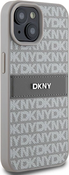 Ovitek za telefon Mono Stripe z metalnim logotipom DKNY za iPhone 15 Plus / 14 Plus, bež