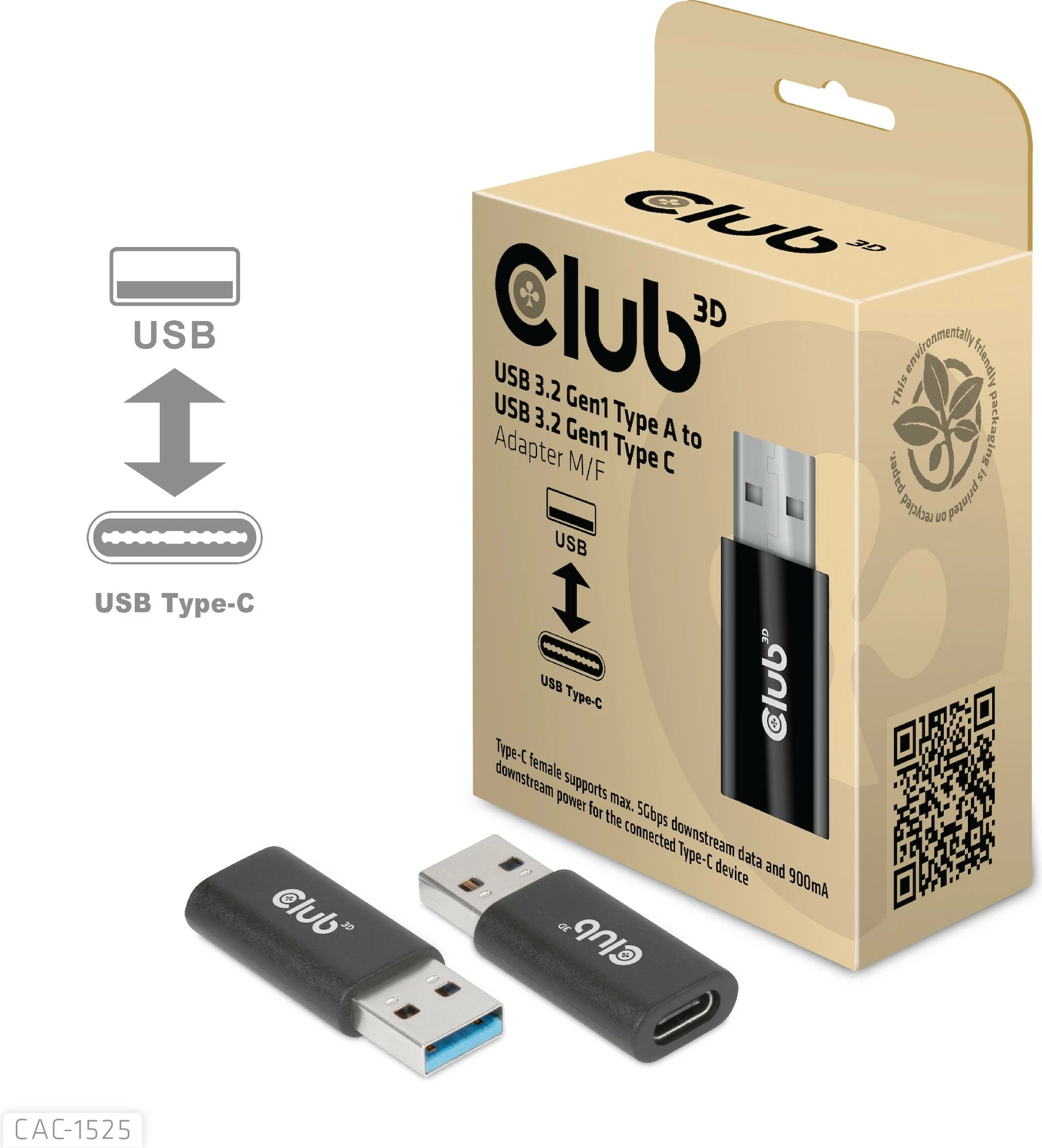 Adapter USB 3.2 Type A na Type C, črn — Club3D