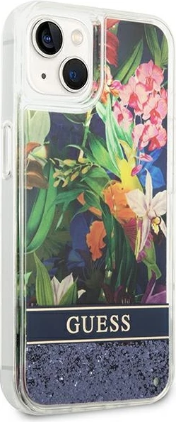 Ovitek z vzorcem cvetja in tekočim bleščicami Guess za iPhone 14 Plus 6,7", modra