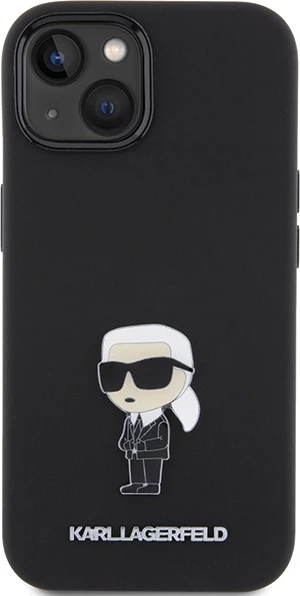 Ohišje iz silikona z ikoničnim kovinskim znakom Karl Lagerfeld za iPhone 15, črno