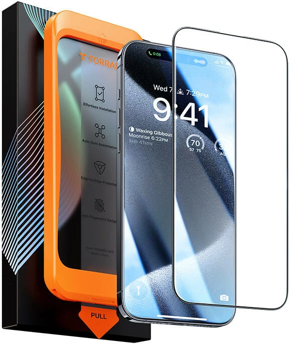 Kaljeno zaščitno steklo Torras InstaII Master za iPhone 15, z montažnim okvirjem