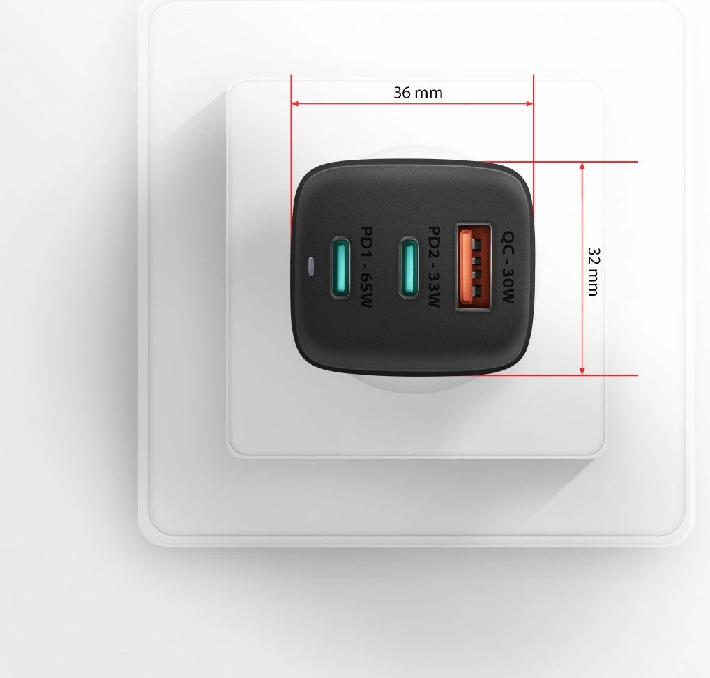 GaN polnilec AXAGON ACU-DPQ65, 65W, 3 vhodi (USB-A + 2× USB-C), črn