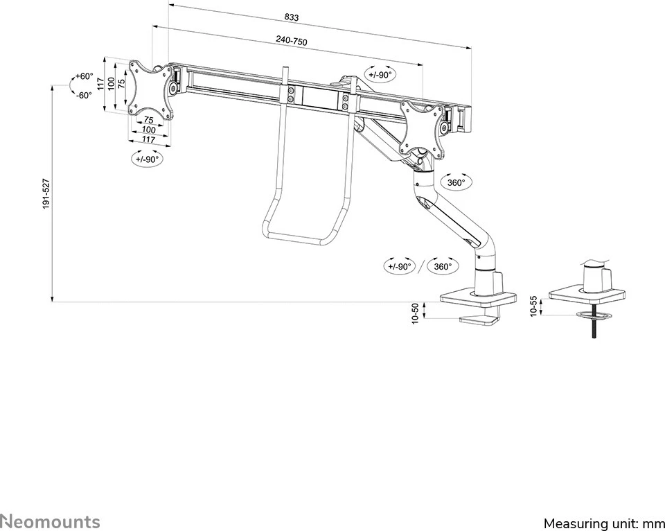 Kotični nosilec za monitor Neomounts DS75S-950BL2, s sponko/spremljevalnim prebojem, 8 kg, 17"-32", črn