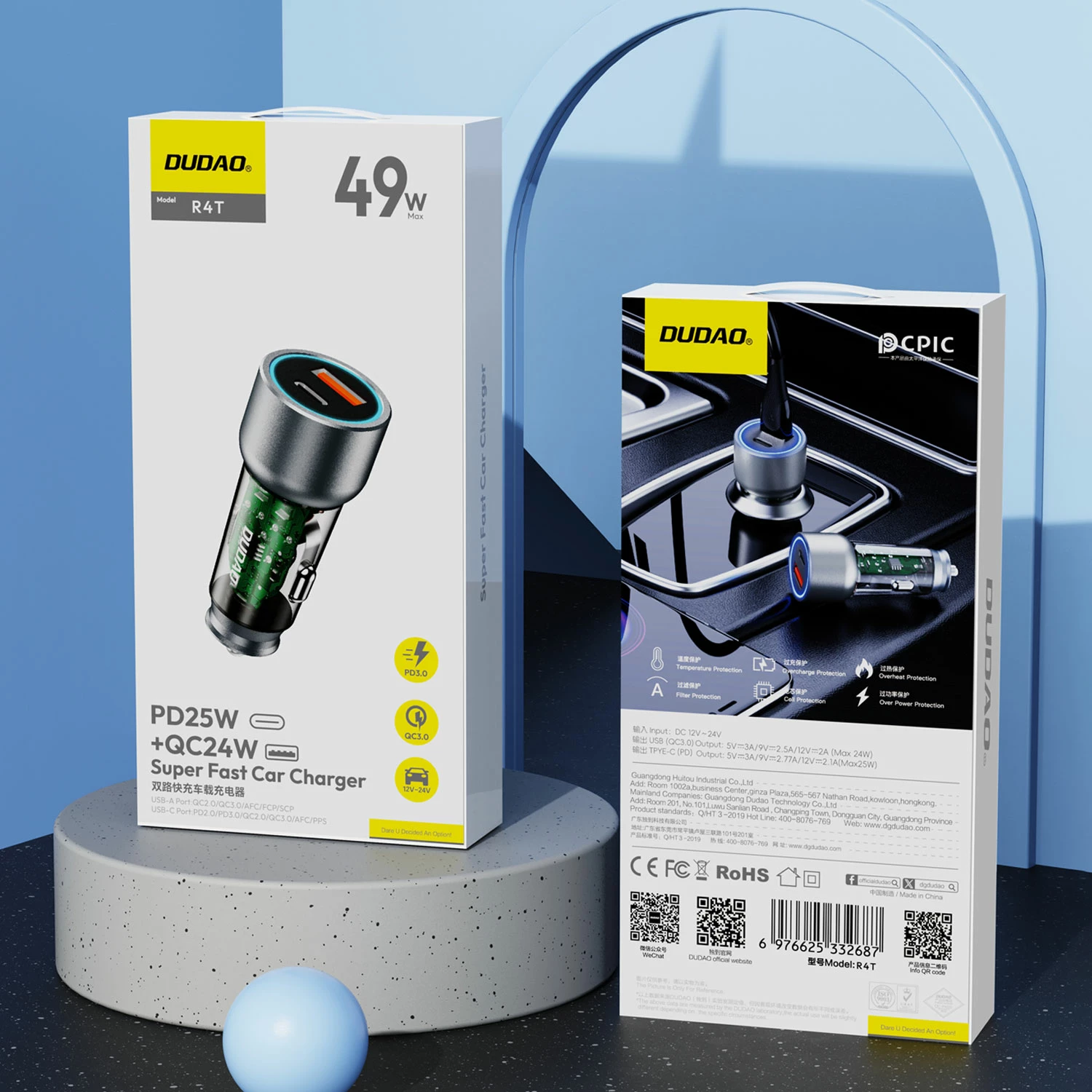 Avtomobilski polnilec 30W, 2 porta USB-A/USB-C, siv, Dudao R4T