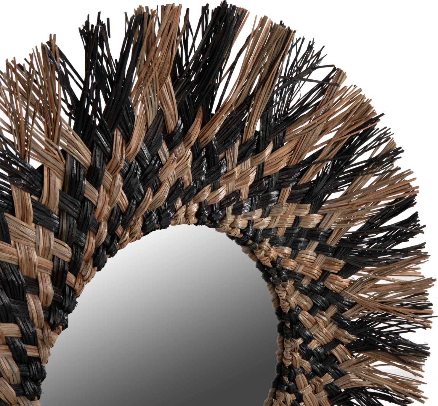 Okroglo stensko ogledalo FH7833 s pletenim okvirjem iz Mendong trave v črni in naravni barvi Φ70cm