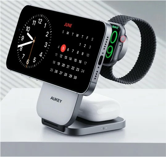 Brezžični 3-v-1 polnilec AUKEY LC-MC312 MagSafe Qi2, 15W + PD 30W, siv, s torbico za prenašanje