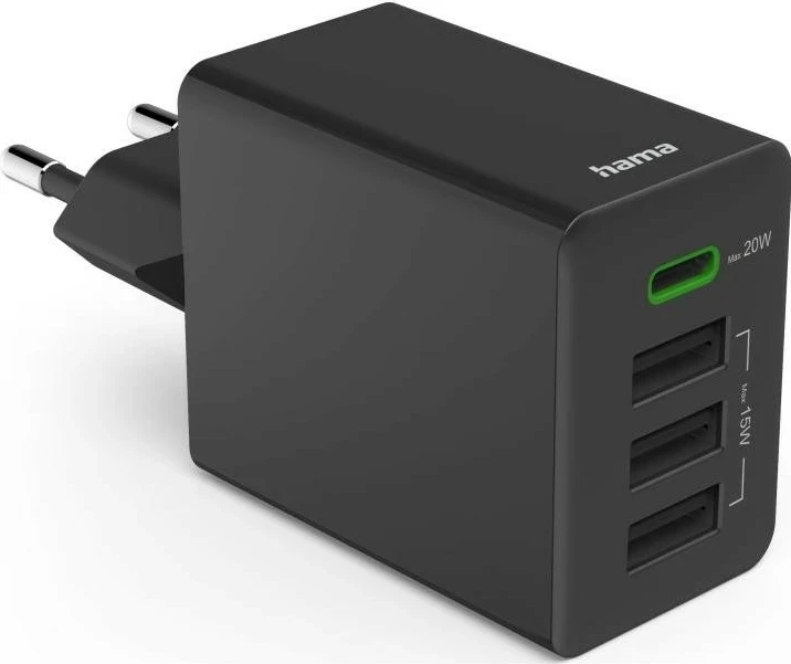 Univerzalni stenski polnilec 35 W PD/QC, 1x USB-C, 3x USB-A, črn — Hama