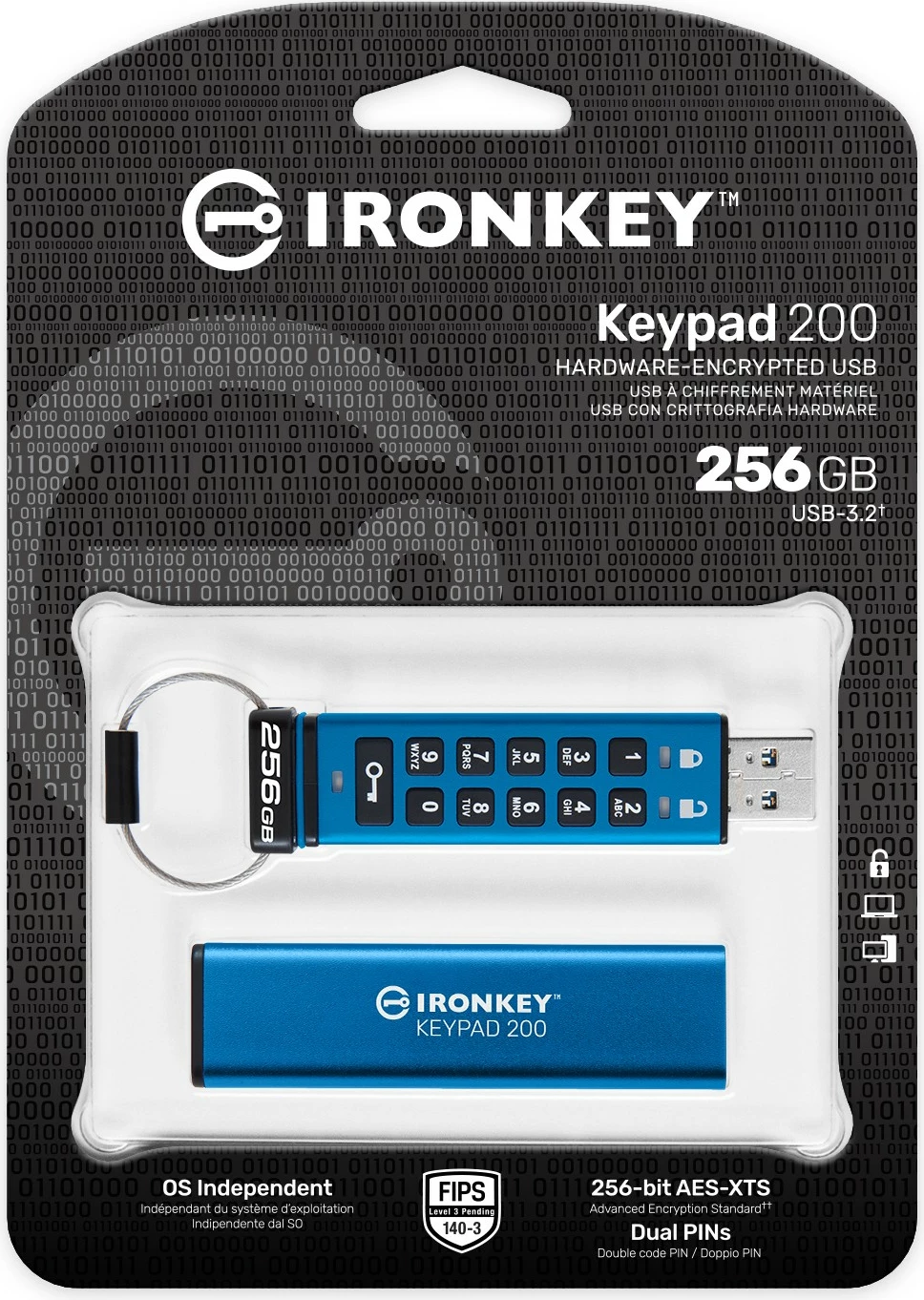 USB ključ z vgrajeno tipkovnico 256GB Kingston IronKey Keypad 200, USB 3.2, moder