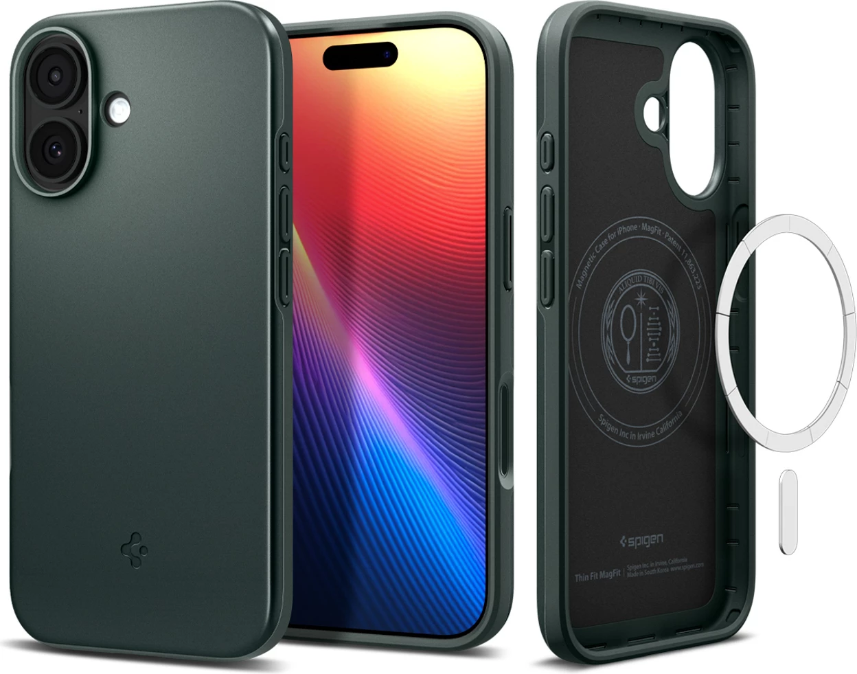 Tanek ovitek Spigen Thin Fit MagSafe za iPhone 17, iz trpežnega polikarbonata, z magnetnim obročem, zelen
