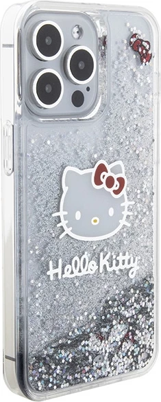Ovitek za telefon z glavo Hello Kitty in tekočimi bleščicami za iPhone 15 Pro Max, srebrn
