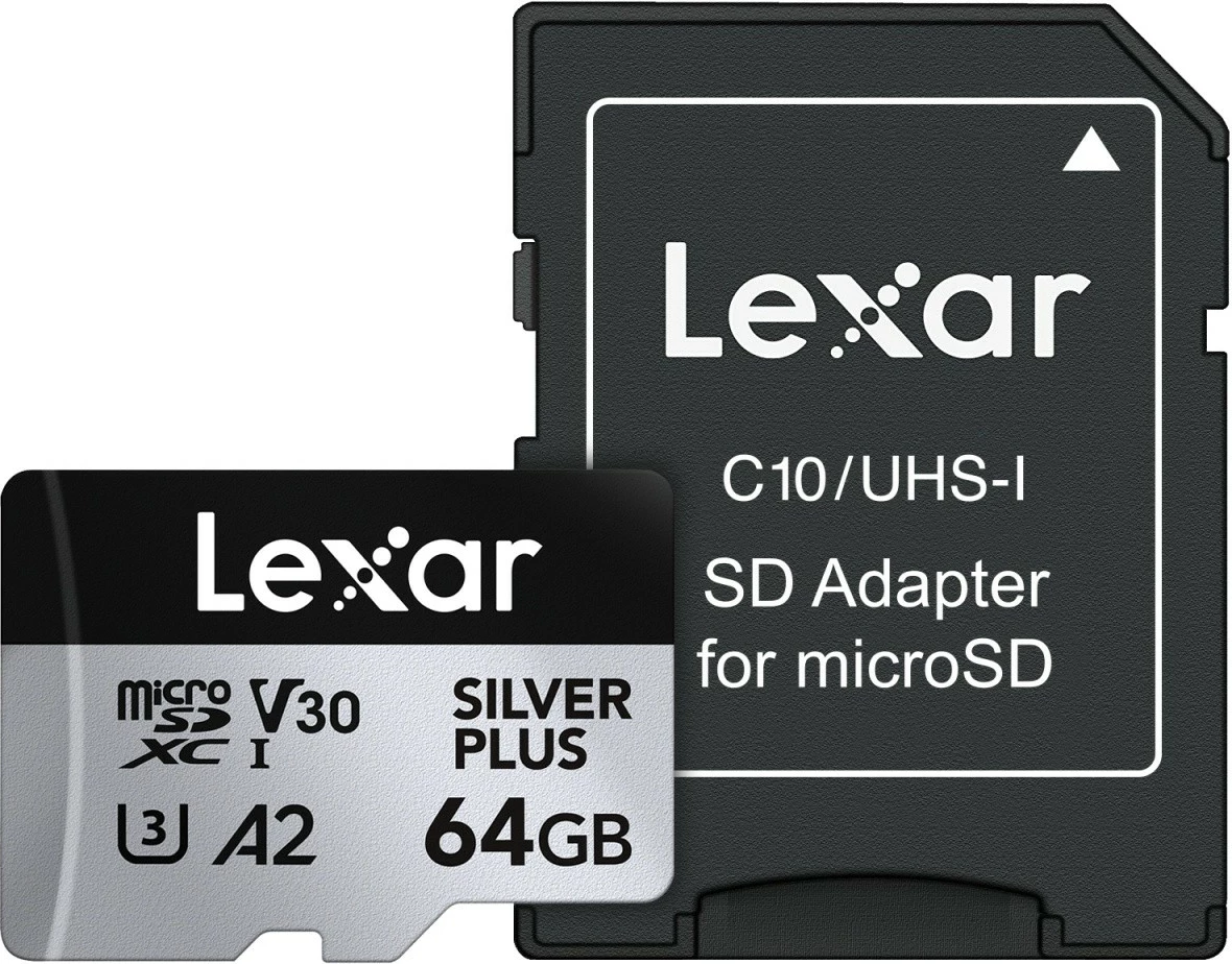 MicroSD pomnilniška kartica Lexar LMSSIPL064G-BNANG 64GB UHS-I A2 U3 V30 205/100 MB/s s SD-adapterjem Silver Plus