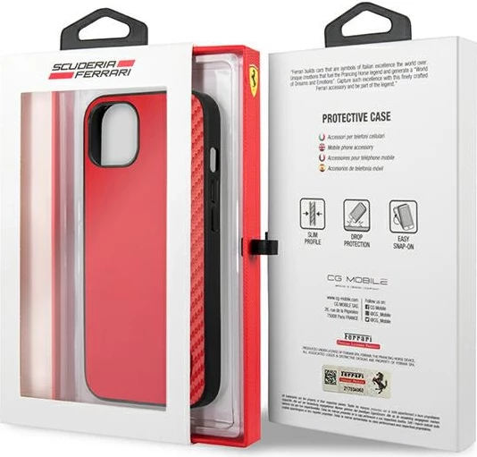 Trd ovitek za telefon, rdeč Ferrari On Track Carbon Stripe za iPhone 13 mini 5,4"