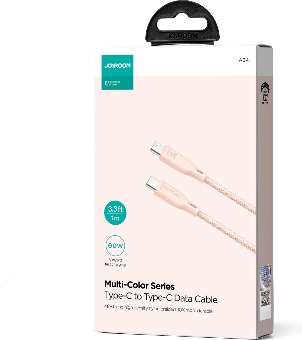 Kabel USB-C–USB-C, večbarvna serija Joyroom S-A34, 1 m, 60 W, roza
