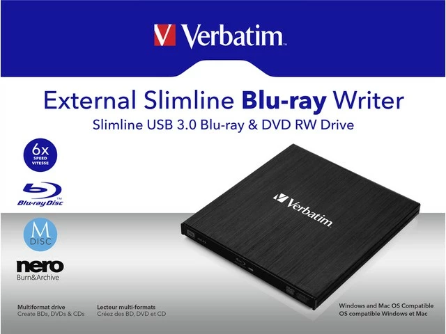 Zunanji Blu-ray zapisovalnik Verbatim Slimline, USB 3.0, črn