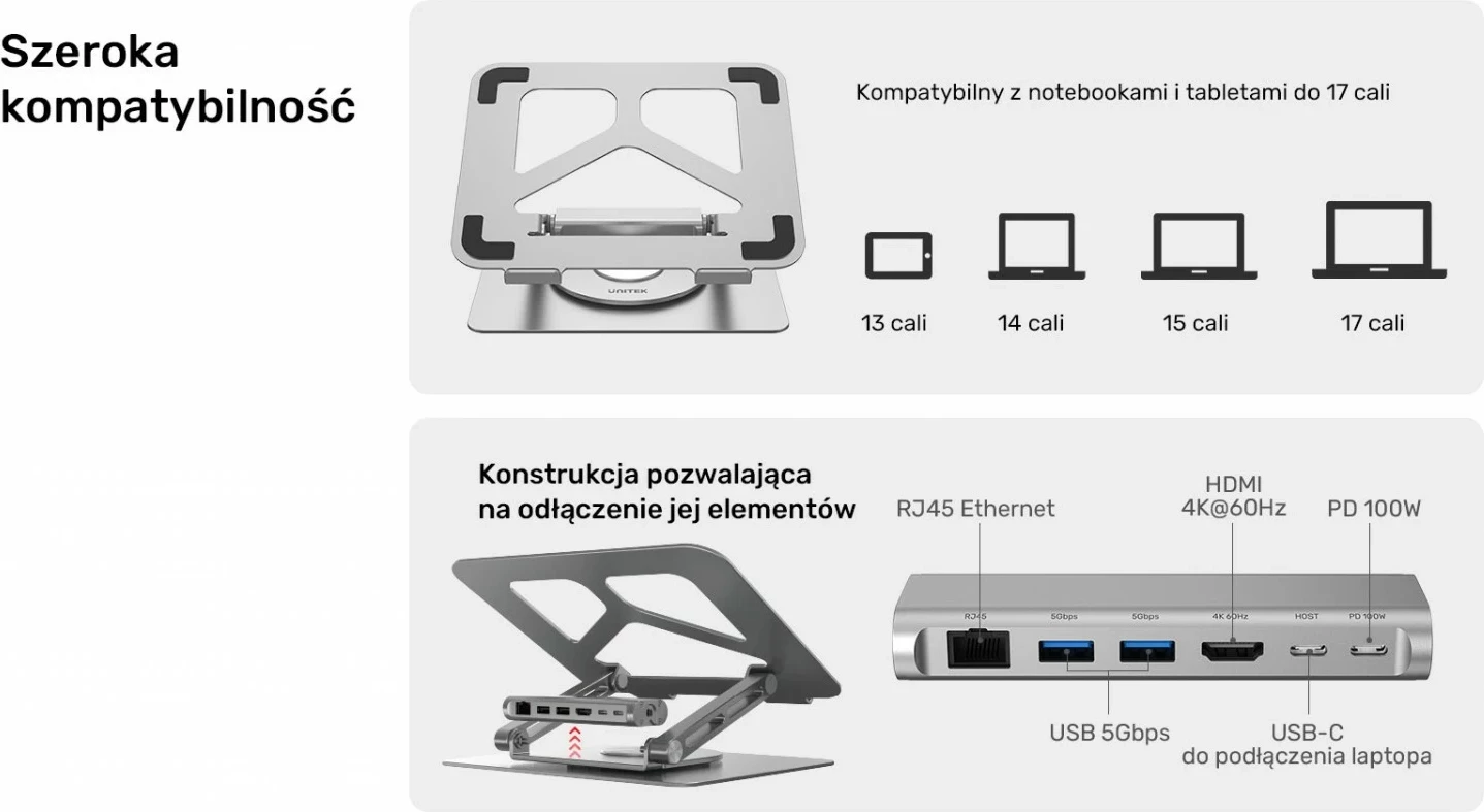 Stojalo za prenosnik Unitek USB-C HDMI 4K PD 100W, srebrno