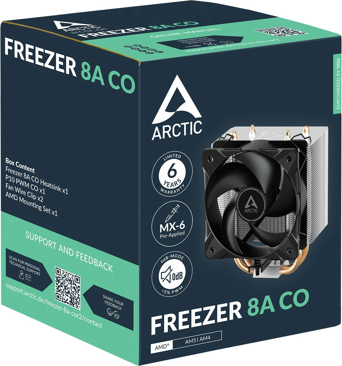 Zračni hladilnik za procesor Freezer 8A CO, ARCTIC, 2 ventilatorja 10 cm, PWM, podnožje AM4/AM5, aluminij, črn