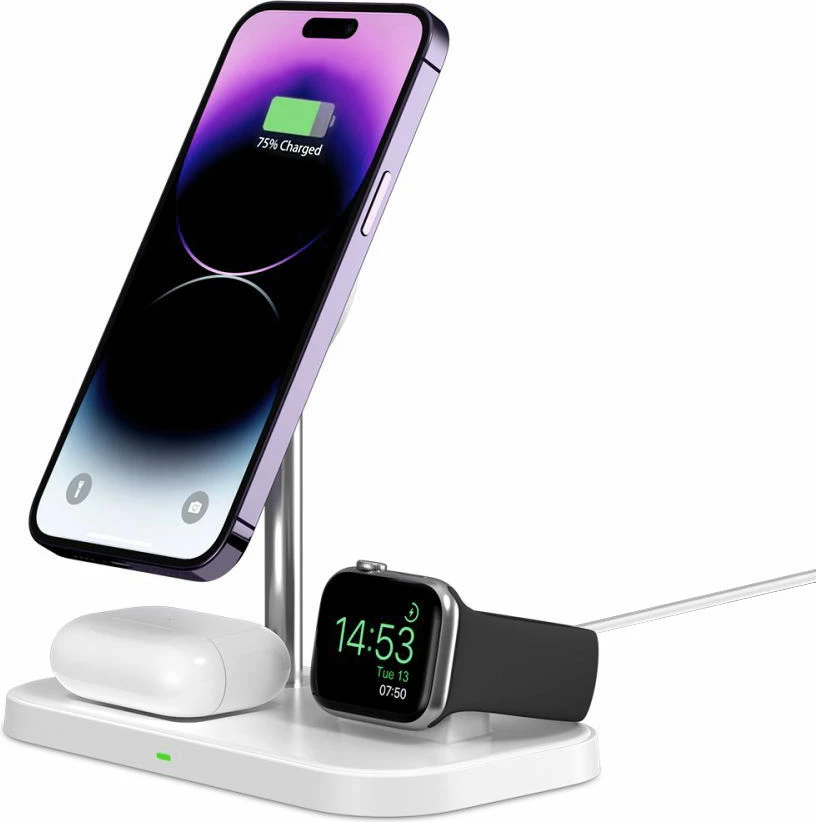 Indukcijski 3-v-1 polnilec z MagSafe za pametni telefon, Apple Watch in AirPods, Tech-Protect QI15W-A22, bel