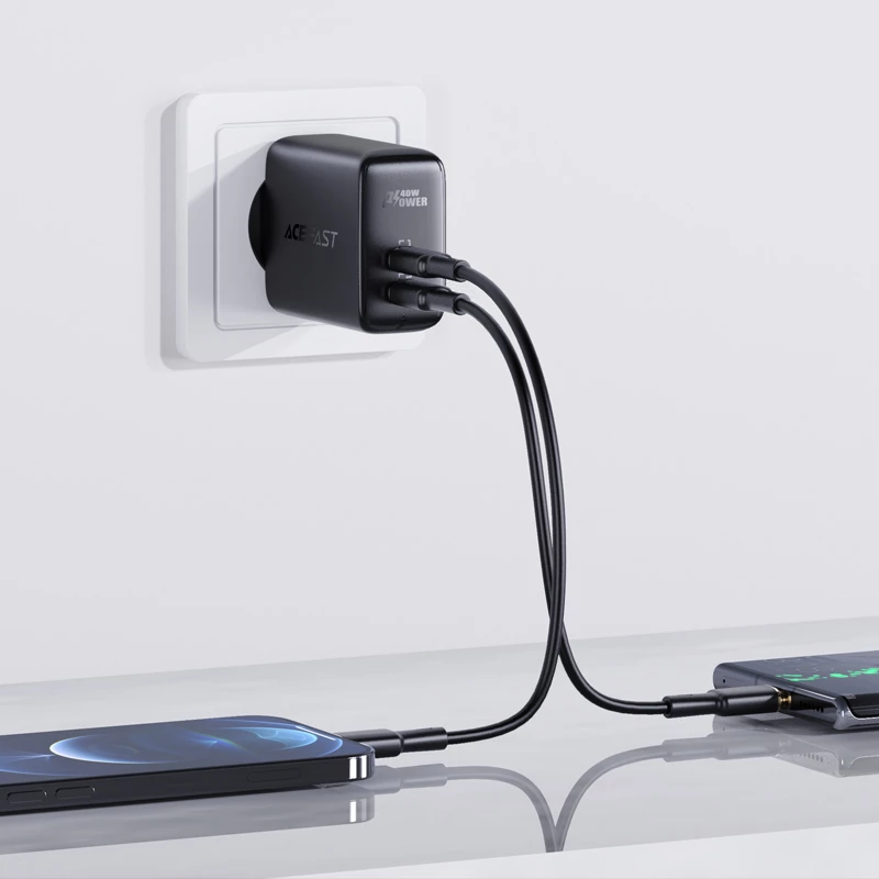 Stenski hitri polnilec, 2x USB-C, 40W, črn, Acefast A9
