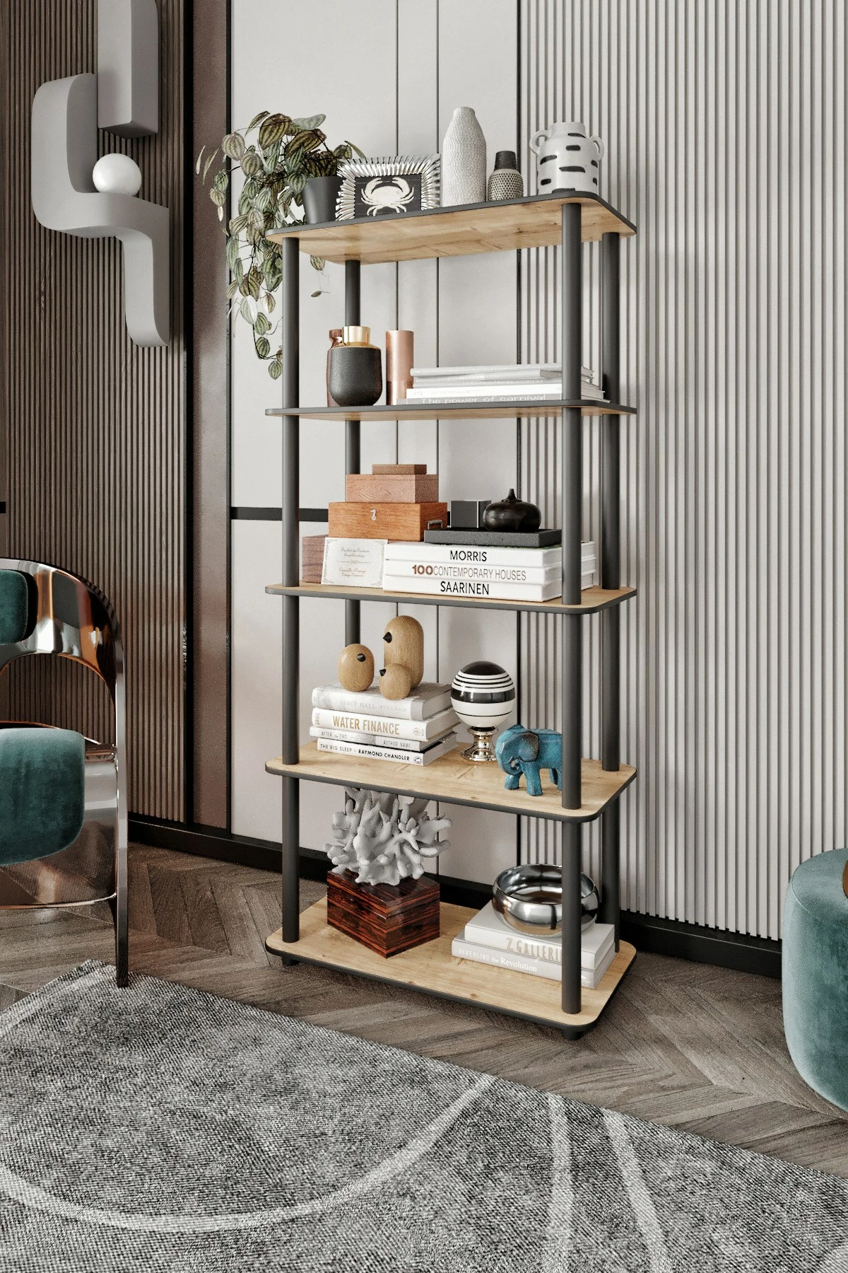 Knjižni regal, 5 polic, hrast Skye Decor