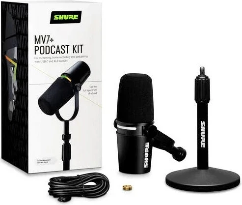 Mikrofon za lektorje in vokal Shure MV7+-K-BNDL, XLR/USB-C, črn + mizno držalo GATOR