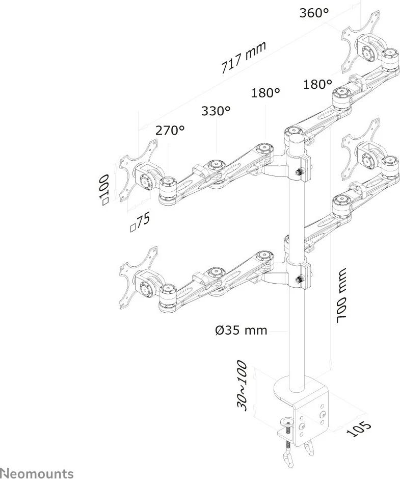 Nosilec za štiri zaslone Neomounts FPMA-D935D4, 10-27 in, nastavljiva višina, srebrn