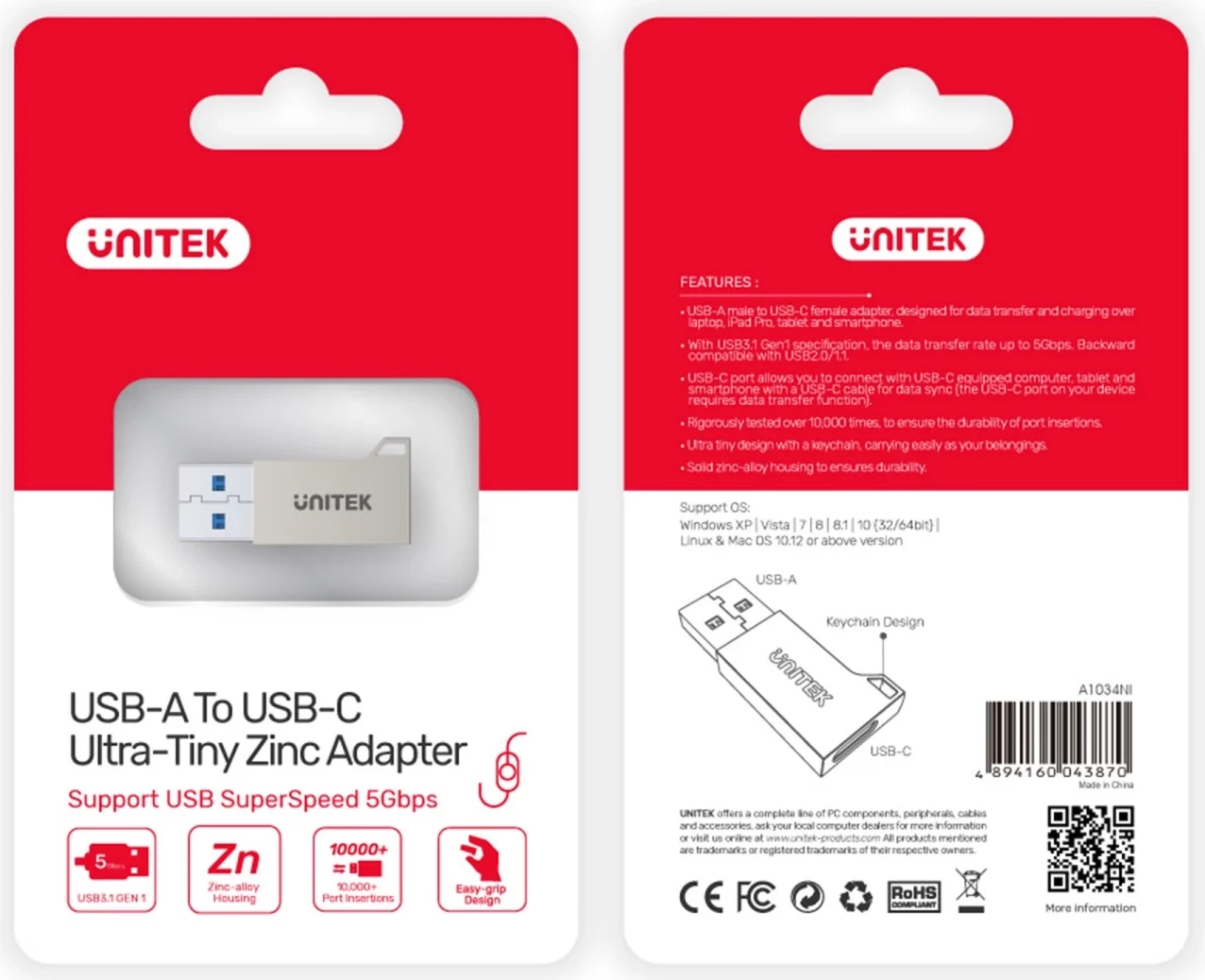 Adapter USB-C na USB-A 3.1 Gen1, Unitek A1034NI, siv