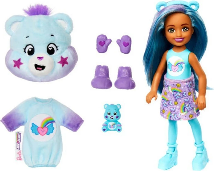 Lutka Cutie Reveal Chelsea, Barbie Mattel JGH75, serija Care Bears, 6 presenečenj, mini figura Care Bear, komplet 5-delni, večbarvna