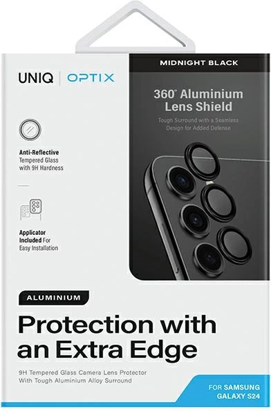 Aluminijast zaščitni ovitek za lečo kamere, UNIQ Optix, za Samsung Galaxy S24, črn