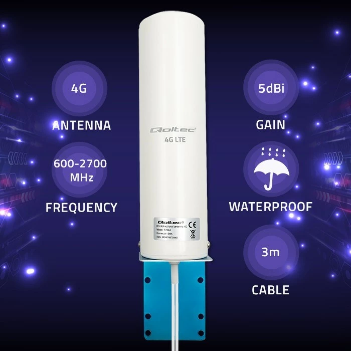 Omnidirekcijska zunanja antena Qoltec 57044 4G LTE, 5 dBi, jeklo