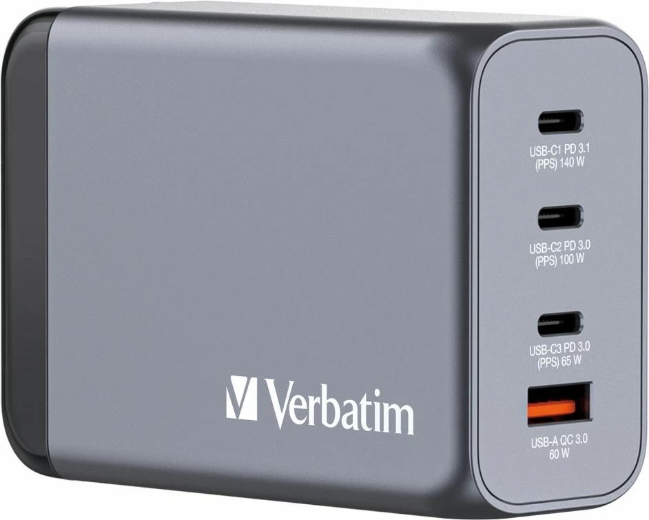 Močnalnik 240W Verbatim GNC-240 GaN, 3x USB-C PD, 1x USB-A QC 3.0, siv