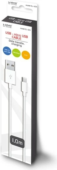 USB kabel micro USB 2.0, 1 m, bel — Savio
