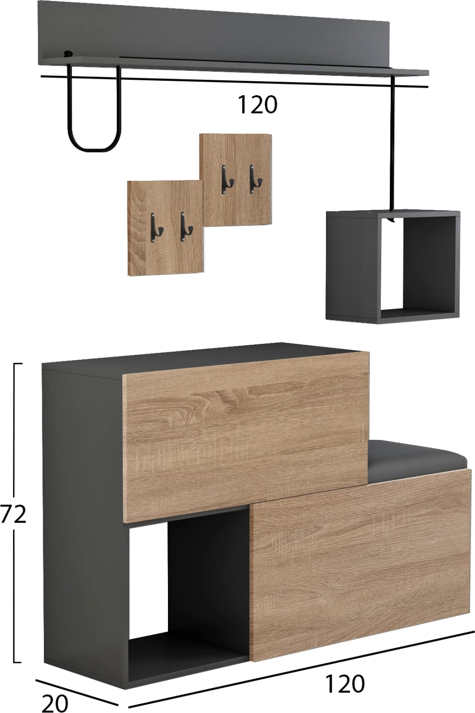 Pohištveni set za predsobo CERB FH8957.11 melamin v sonoma-sivi barvi 120x20x72H cm