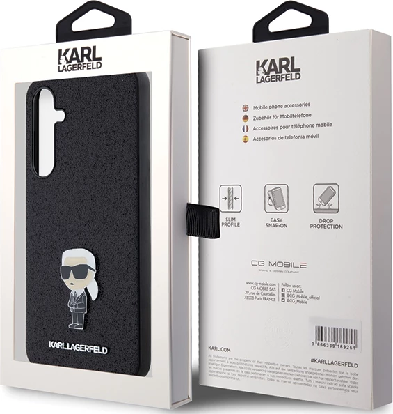 Ovitek za telefon z bleščicami in kovinsko značko Karl Lagerfeld za Samsung Galaxy A55, črn