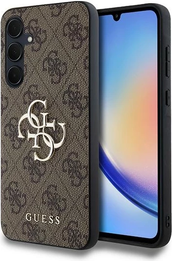 Ovitek z velikim metalnim logotipom 4G Guess za Samsung Galaxy A35, rjav