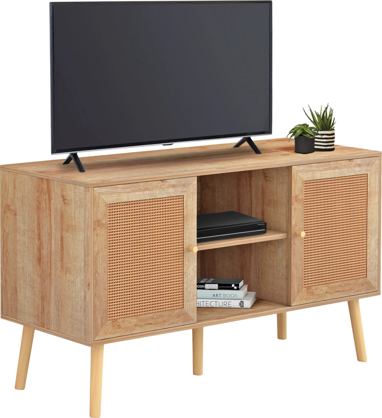TV stojalo iz melamina z ratanovimi vrati COLM FH9223.11 naravna barva 120x39x56,5Hcm