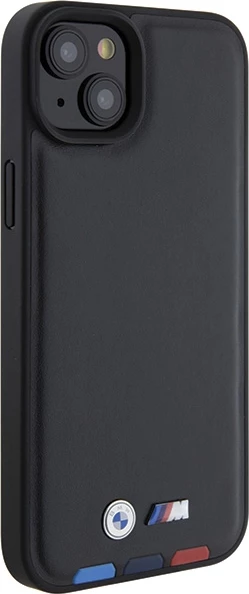 Ovitek za telefon iPhone 15 Plus 6,7", usnjen Leather Stamp Tricolor, BMW BMHCP15M22PTDK, črn