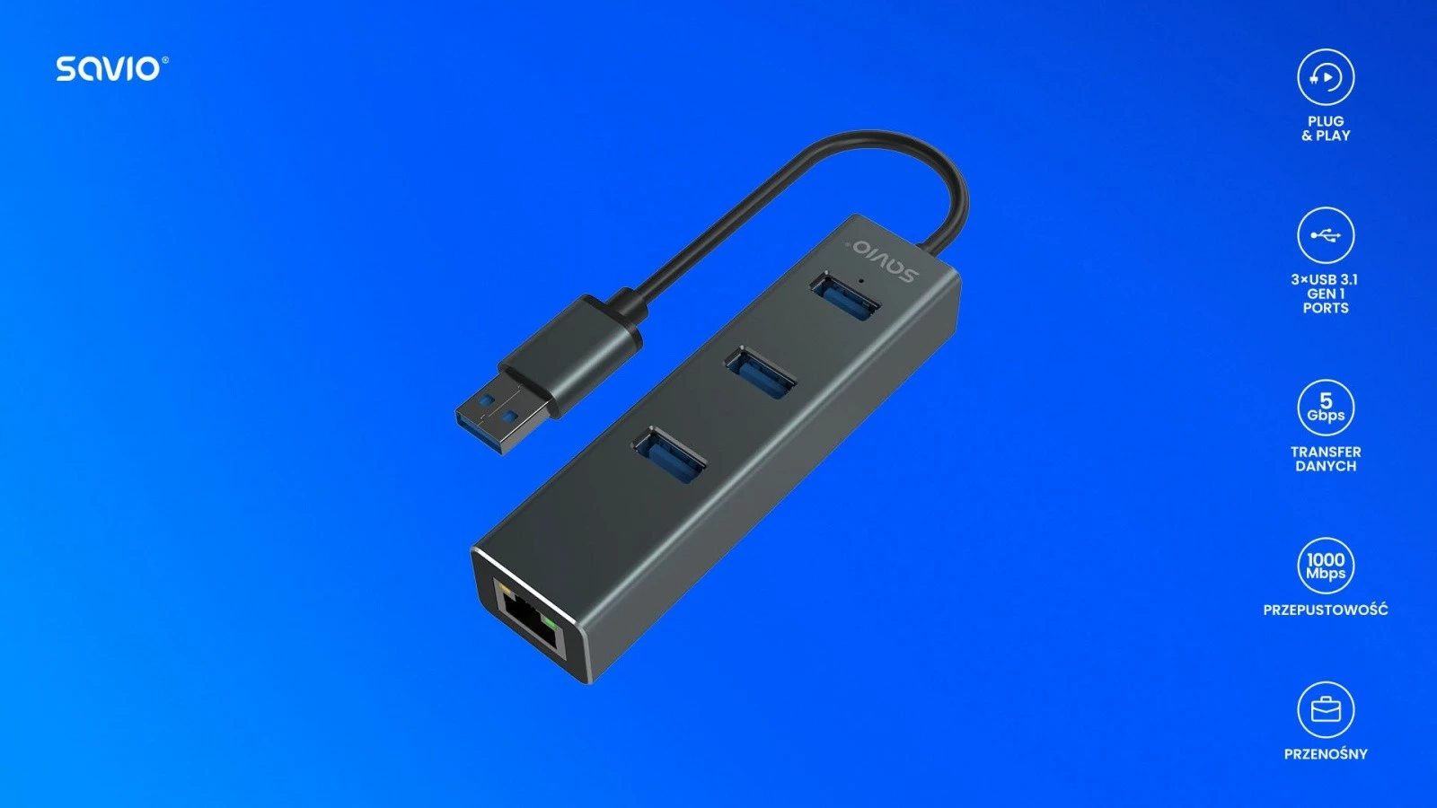 Adapter z 3 vrati USB-A 3.1 Gen 1 in RJ-45 Gigabit Ethernet, Savio AK-58, temno siv