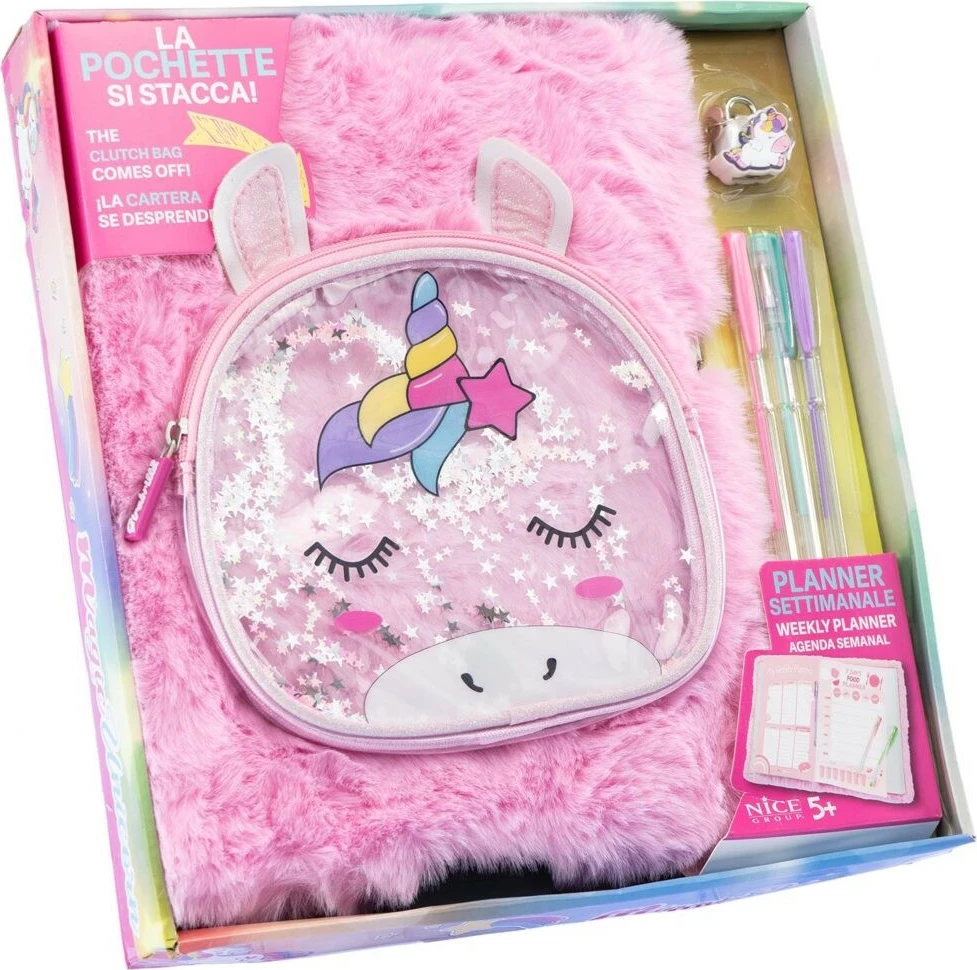 Maxi planer z motivom samoroga, ločljiva kozmetična torbica, 3 barvna pisala, rožnat Nice