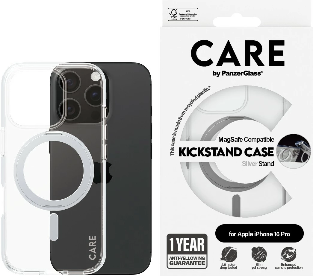 Prozoren ovitek PanzerGlass CARE Feature s stojalom in MagSAFE za iPhone 16 Pro